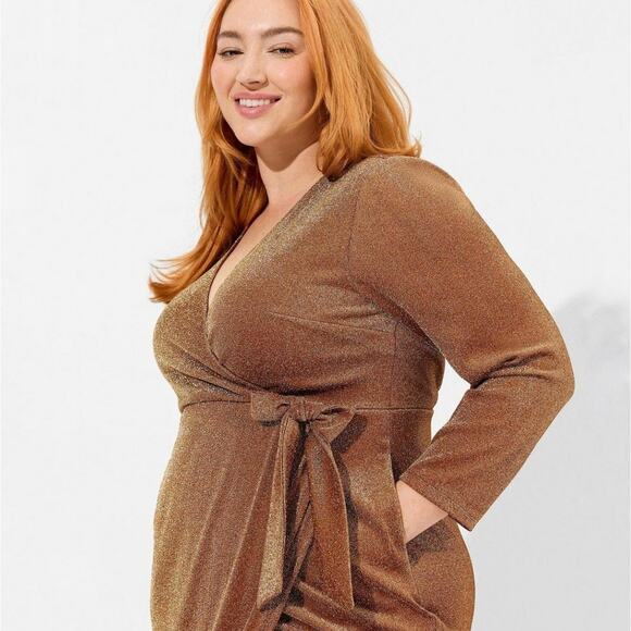 Torrid Women's Midi Glitter Knit Surplice Slit Tie Dress Gold Size 3X - Picture 8 of 10